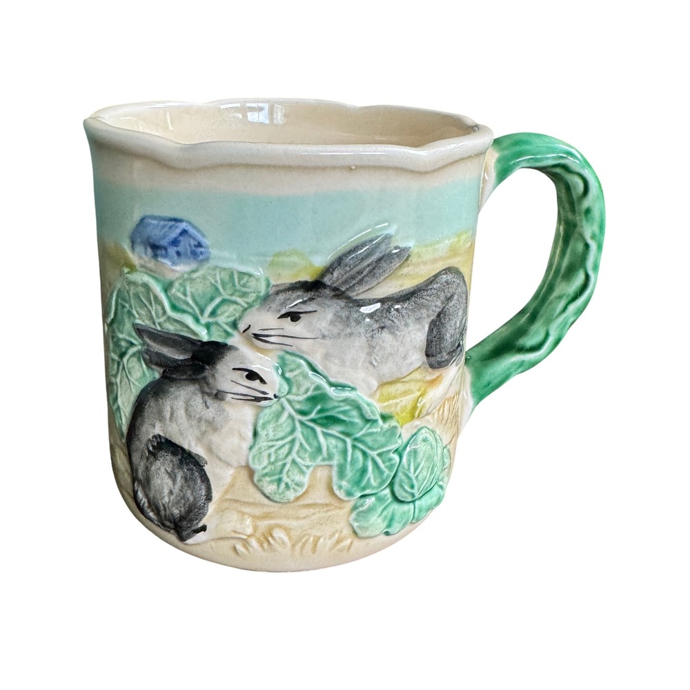 Vintage 1982 The Haldon Group Rabbit Bunny Garden Cabbage Leaf Majolica Mug